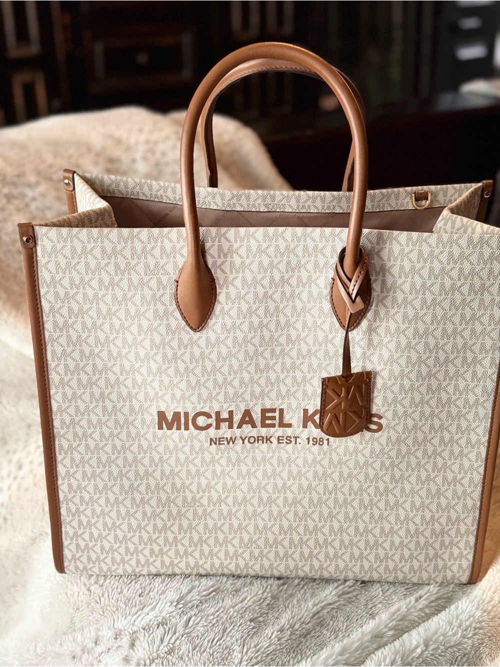 MICHAEL KORS Cream Logo Messenger Tote with Tan Leather Trim